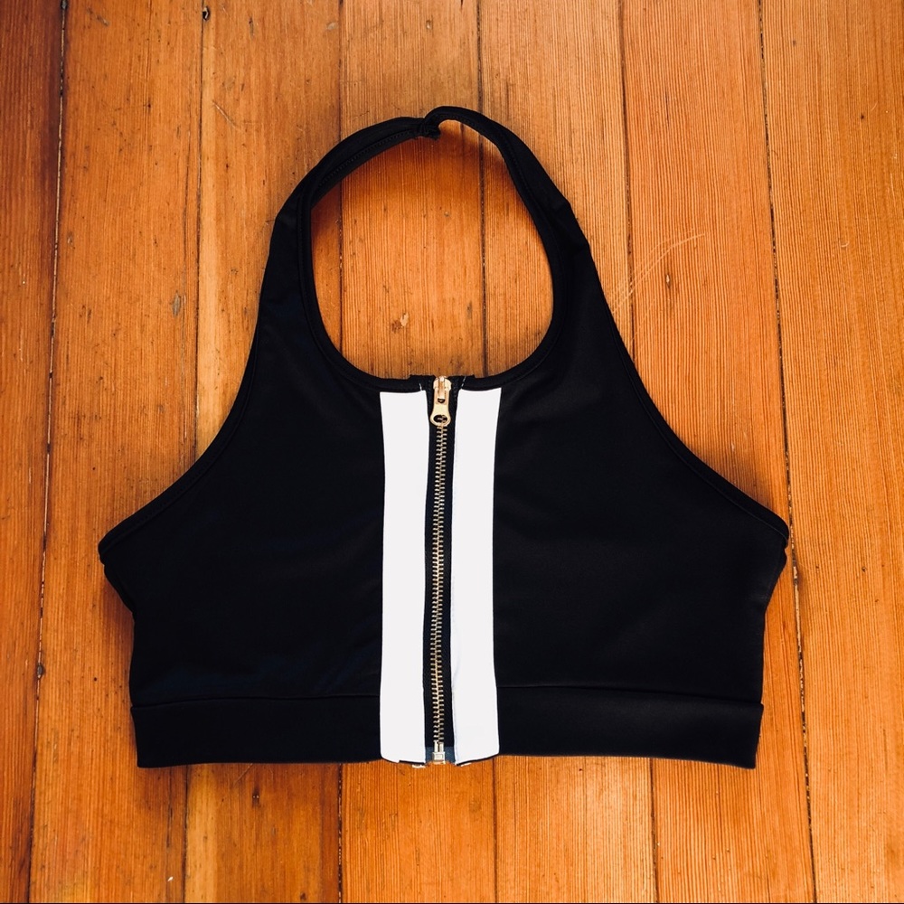 Black and white zip up halter crop top